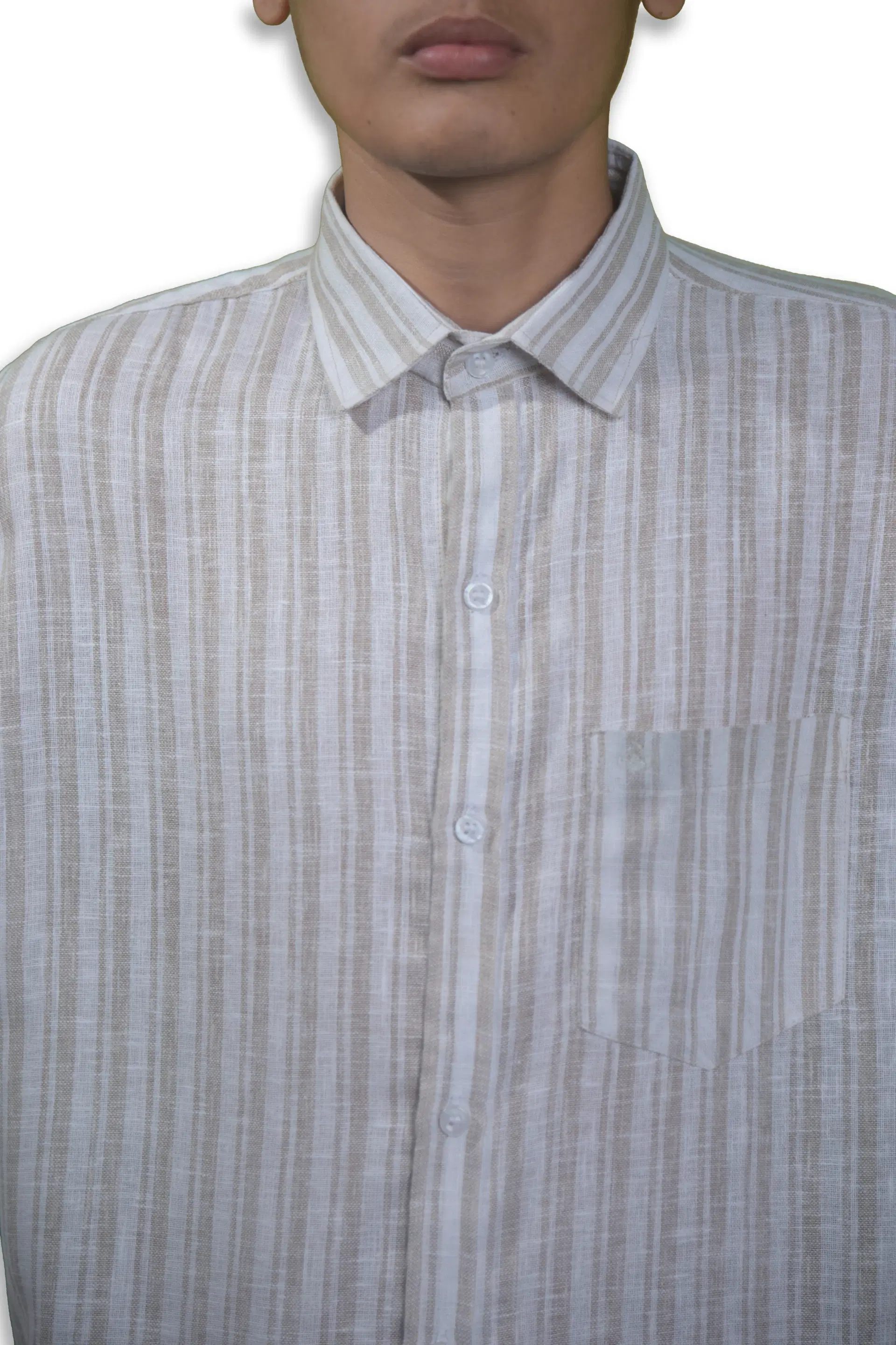 Drimcot Men’s Beige & White Striped Linen Shirt – Casual Full Sleeve